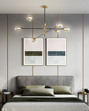 Load image into Gallery viewer, black and brass six bulb chandelier