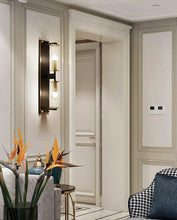 Load image into Gallery viewer, two bulb black and bronze wall sconce