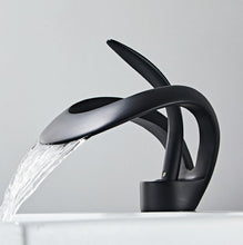 Load image into Gallery viewer, Modern dual channel curved spout bathroom faucet in black