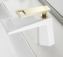 Load image into Gallery viewer, Modern white and polished gold bathroom faucet