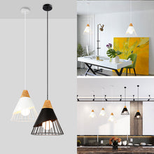 Charger l'image dans la galerie, Modern Cage Shade Pendant Lighting in White and Black finish with Wood Accent
