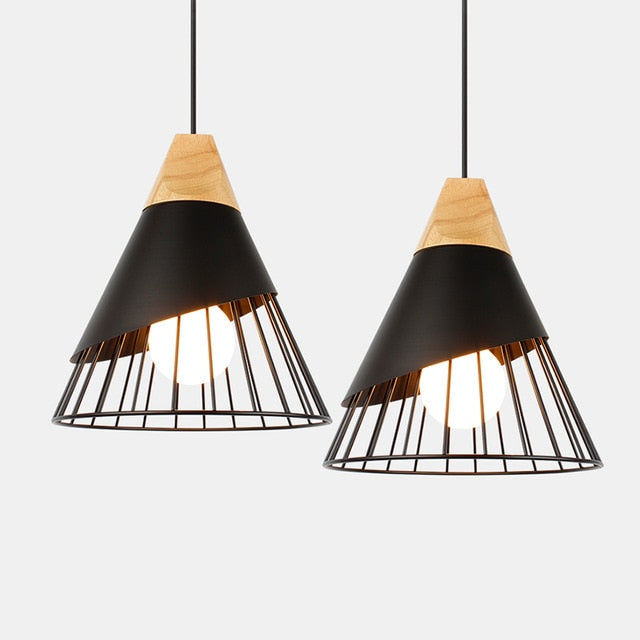Iron Cage Pendant Lights in Black metal and wood finishes