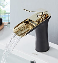 Load image into Gallery viewer, Modern Matte Black and Gold Waterfall Single Handle Bathroom Faucet