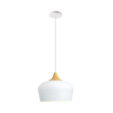 Load image into Gallery viewer, White Dome Hanging Pendant Light, Wood Accents, Scandinavian design
