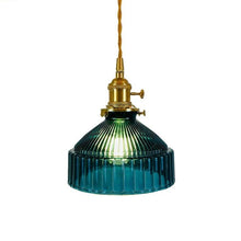 Load image into Gallery viewer, Blue vintage textured glass pendant light with polished copper lamp base