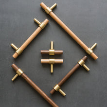 Load image into Gallery viewer, walnut and beech wood cabinet and drawer handles with brass accent