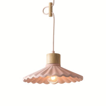 Load image into Gallery viewer, Pink pendant light with wooden base on a white background
