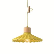 Load image into Gallery viewer, Yellow pendant light with wooden base on a white background

