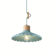 Load image into Gallery viewer, Light blue pendant lamp with wooden base on a white background
