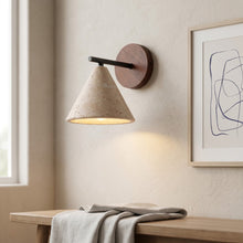 Load image into Gallery viewer, Modern wall lamp with wooden base and concrete shade in a minimalistic room.
