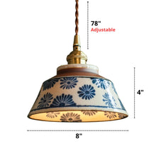 Load image into Gallery viewer, Pendant light with floral patterned shade and measurements on a white background
