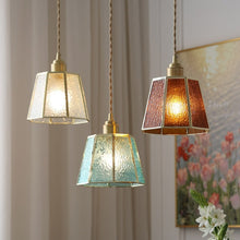 Load image into Gallery viewer, transparent, light blue, and amber glass pendant lights
