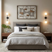 Load image into Gallery viewer, Modern bedroom with a bed, nightstands, and wall art.
