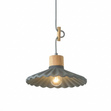 Load image into Gallery viewer, Pendant light with gray shade and wooden base on a white background
