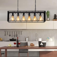Load image into Gallery viewer, Hanging Industrial Kitchen Chandelier, Side View, Black, 6 Bulbs
