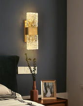 Load image into Gallery viewer, gold frame mid-century modern style glass crystal wall sconce
