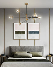 Load image into Gallery viewer, black and brass six bulb chandelier
