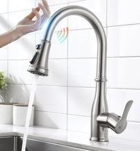 Load image into Gallery viewer, brushed nickel pull down retractable modern kitchen faucet

