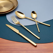 Load image into Gallery viewer, polished gold spoon, fork, and knife set
