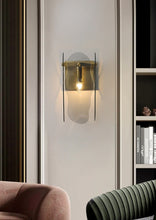 Load image into Gallery viewer, modern hallway glass and copper wall sconce
