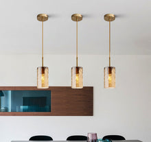 Load image into Gallery viewer, modern copper and amber glass farmhouse pendant lights

