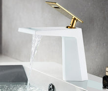 Load image into Gallery viewer, Matte white and polished gold handle modern bathroom faucet
