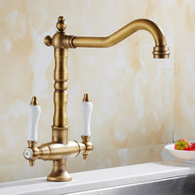 Load image into Gallery viewer, antique brass color two handle kitchen faucet

