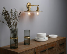 Load image into Gallery viewer, brass two-bulb farmhouse chic wall sconce
