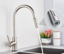 Load image into Gallery viewer, Retractable brushed nickel kitchen faucet
