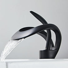 Load image into Gallery viewer, Modern dual channel curved spout bathroom faucet in black
