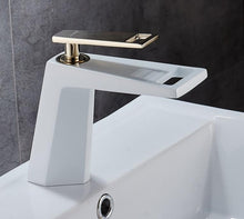 Load image into Gallery viewer, wren white and gold basin faucet for modern bathrooms
