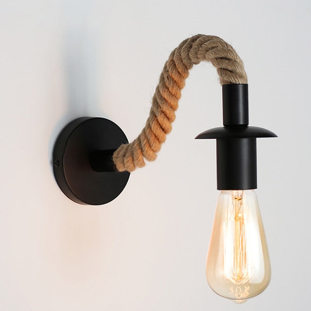 Jute and Black Metal Wall Lamp with Edison Bulb