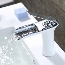 Load image into Gallery viewer, White and Chrome waterfall style single handle bathroom faucet
