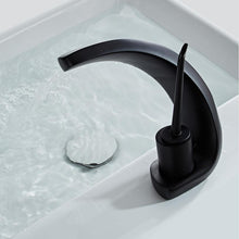 Load image into Gallery viewer, black modern curved faucet for bathroom remodel project
