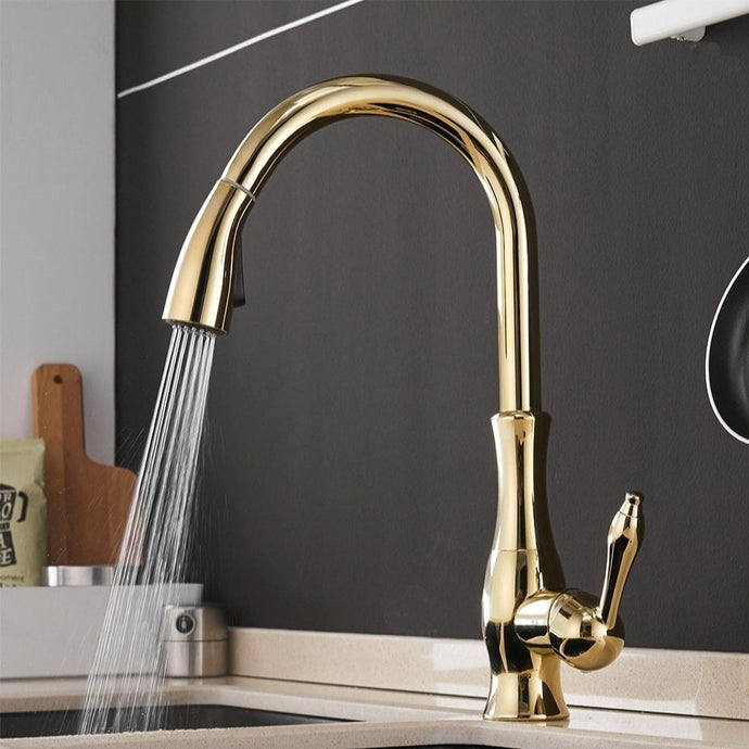Polished Gold Retractable Modern Kitchen Faucet