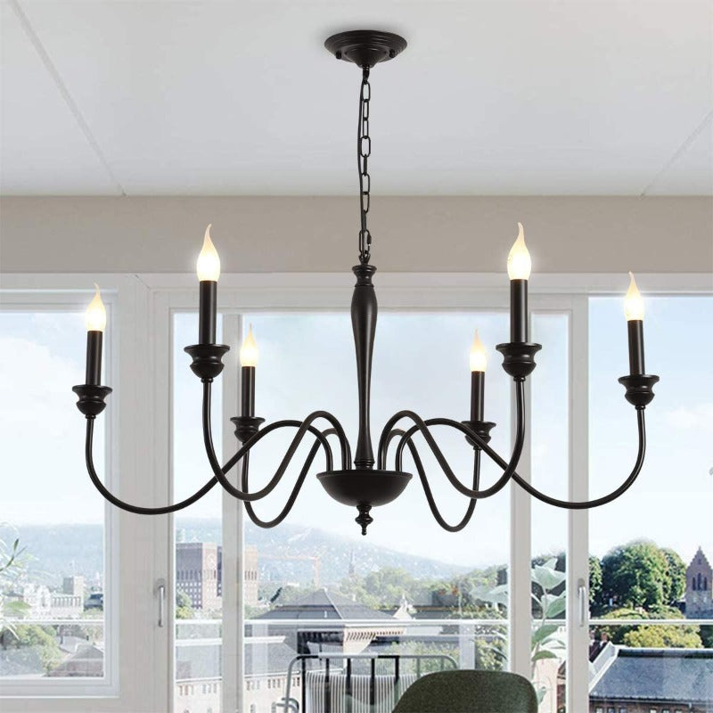 6 Bulb Black chandelier with flame bulbs