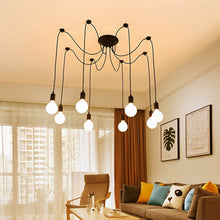 Load image into Gallery viewer, Spider Chandelier with black finish and eight frosted glass globes
