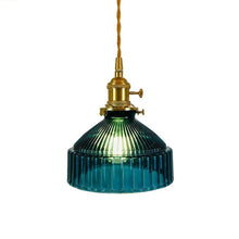 Load image into Gallery viewer, Blue vintage textured glass pendant light with polished copper lamp base
