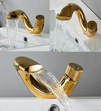 Load image into Gallery viewer, gold modern curved bathroom faucet for master bathrooms
