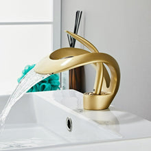 Load image into Gallery viewer, Modern curved elegant polished gold bathroom basin faucet
