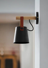 Load image into Gallery viewer, Wooden nordic hanging wall lamp in black with leather strap
